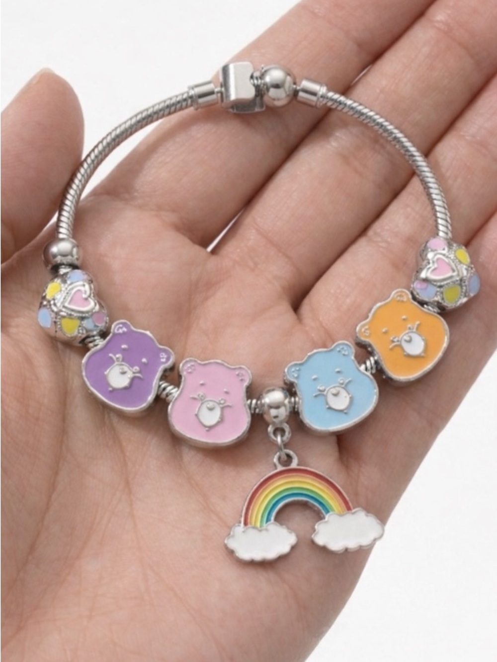 Care Bears Enamel Charm Bracelet Rainbow Snake Chain Silver Tone Y2K